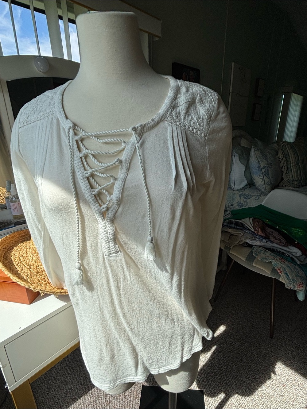 Lucky Brand White Lace-Up Gauze Peasant Top Embroidered Boho Long Sleeve M